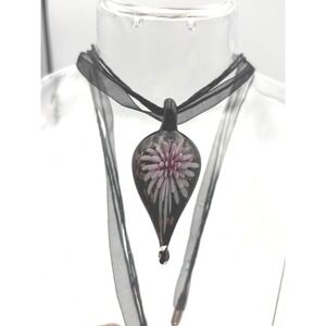 Black Art Glass Flower Pendant Necklace Ribbon Choker Adjustable Fashion Jewelry
